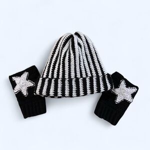 Black and Gray Crochet Beanie and Glove Set